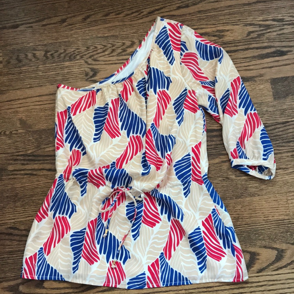 One shoulder Britt Ryan silk pattern top blue red
